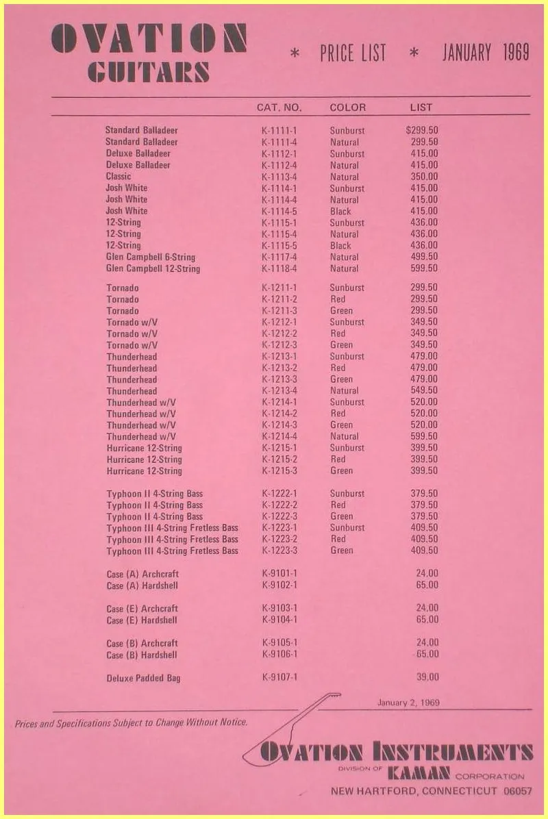 Ovation Guitars Price List - January 1969