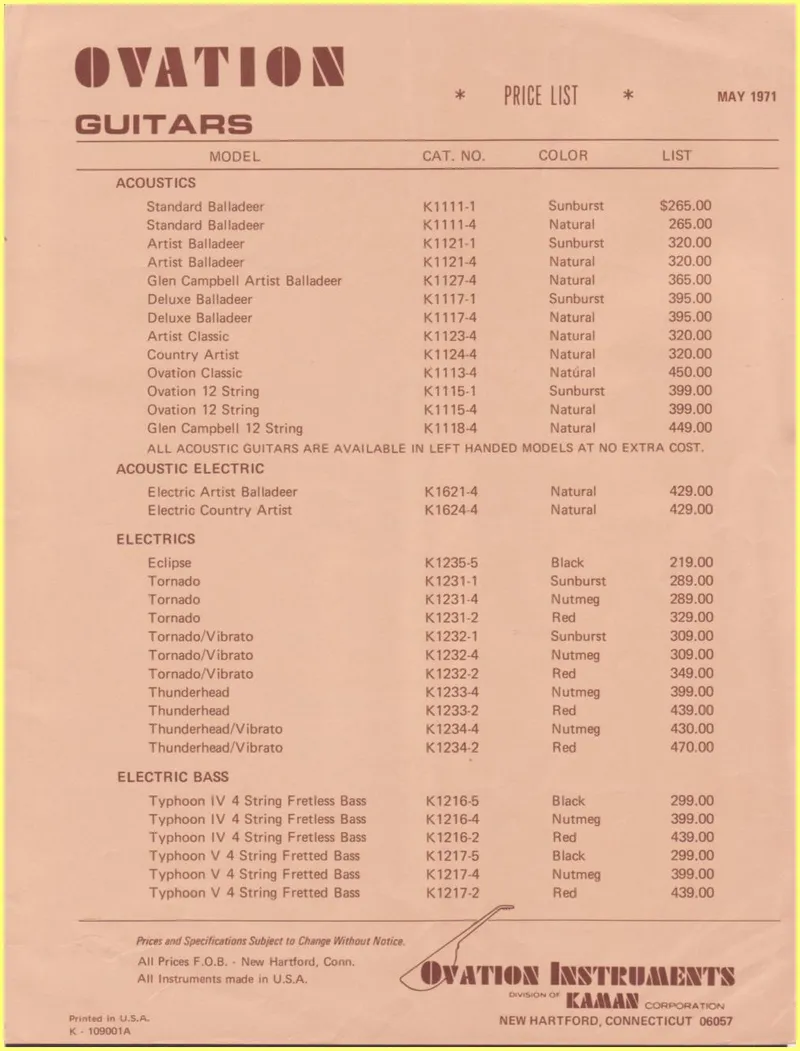 Ovation Guitars & Accessories Price List – May 1971
