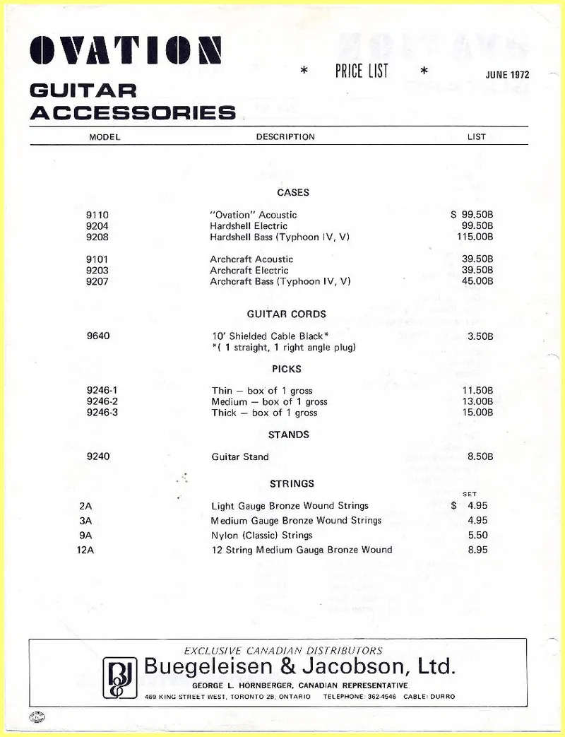Ovation Guitars & Guitar Accessories Price List – June 1972 (Canadian)