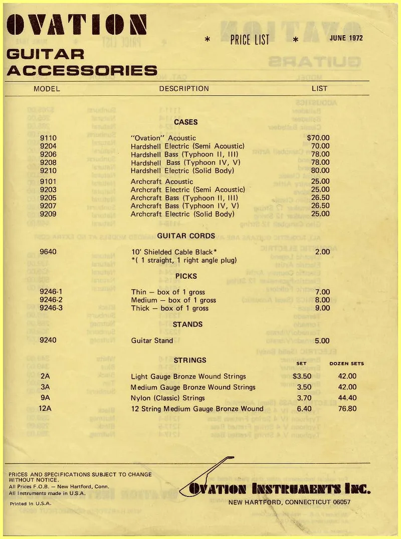 Ovation Instruments Inc. Guitar and Accessories Price List — June 1972