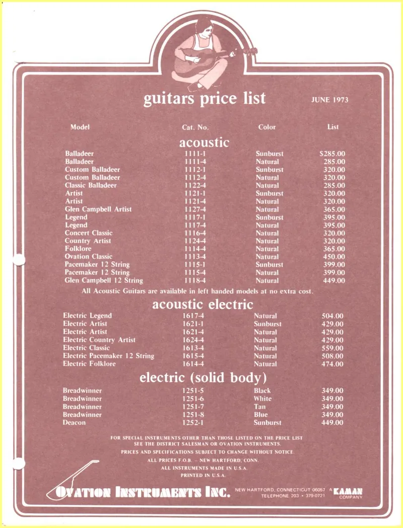 Ovation Instruments Inc. Guitars & Accessories Price List – June 1973