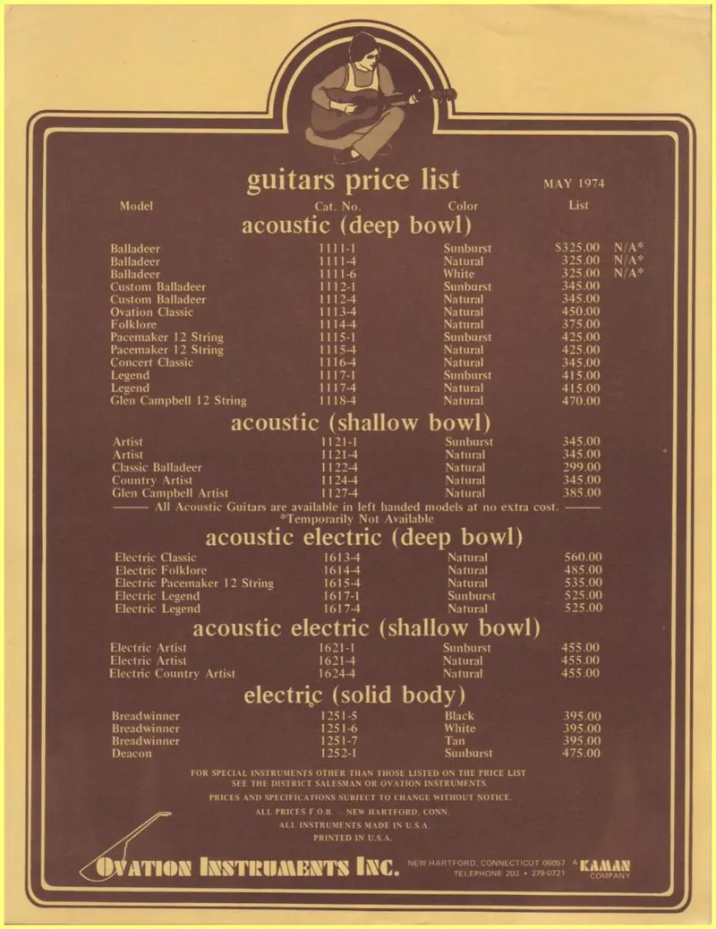 1974 May Ovation Guitars & Accessories US Price List