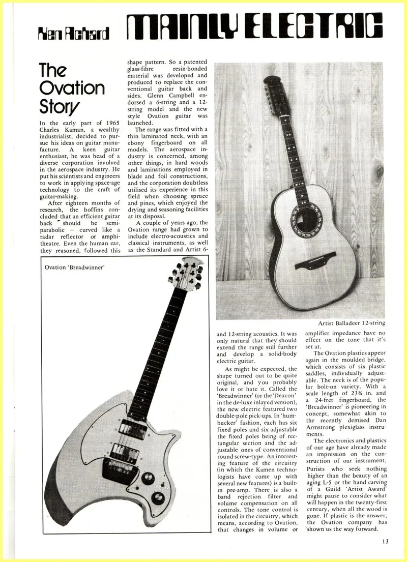The Ovation Story - Mainly Electric column, Guitar Magazine, February 1974