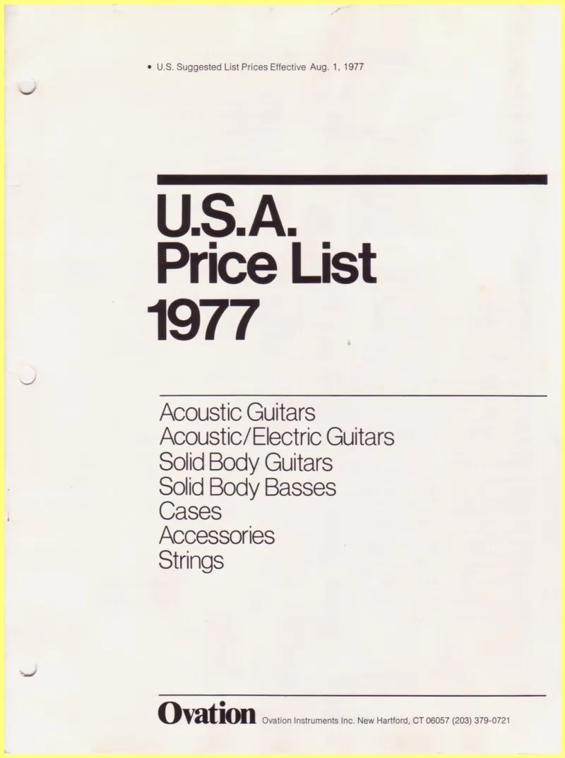 1977 Ovation US Price List August 1977