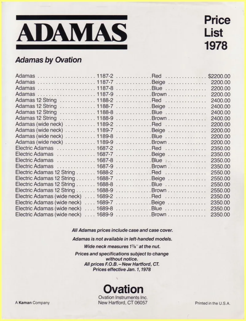 Adamas by Ovation 1978 Price List