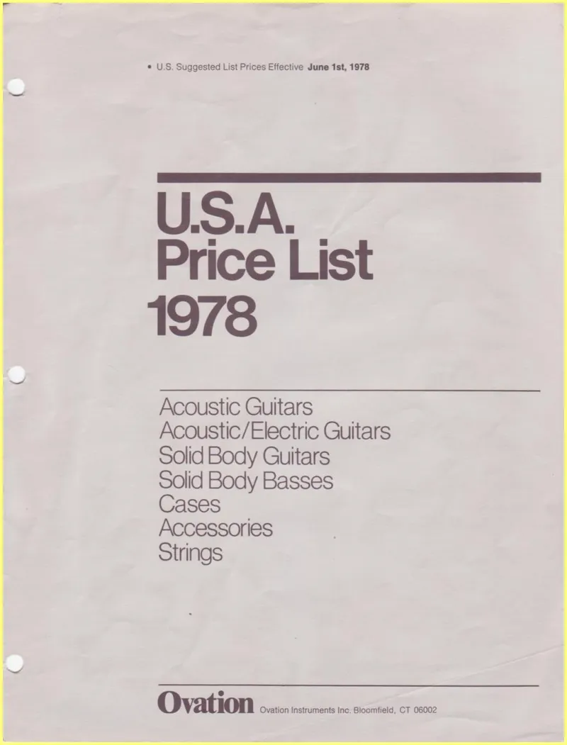 Ovation Instruments USA Price List 1978