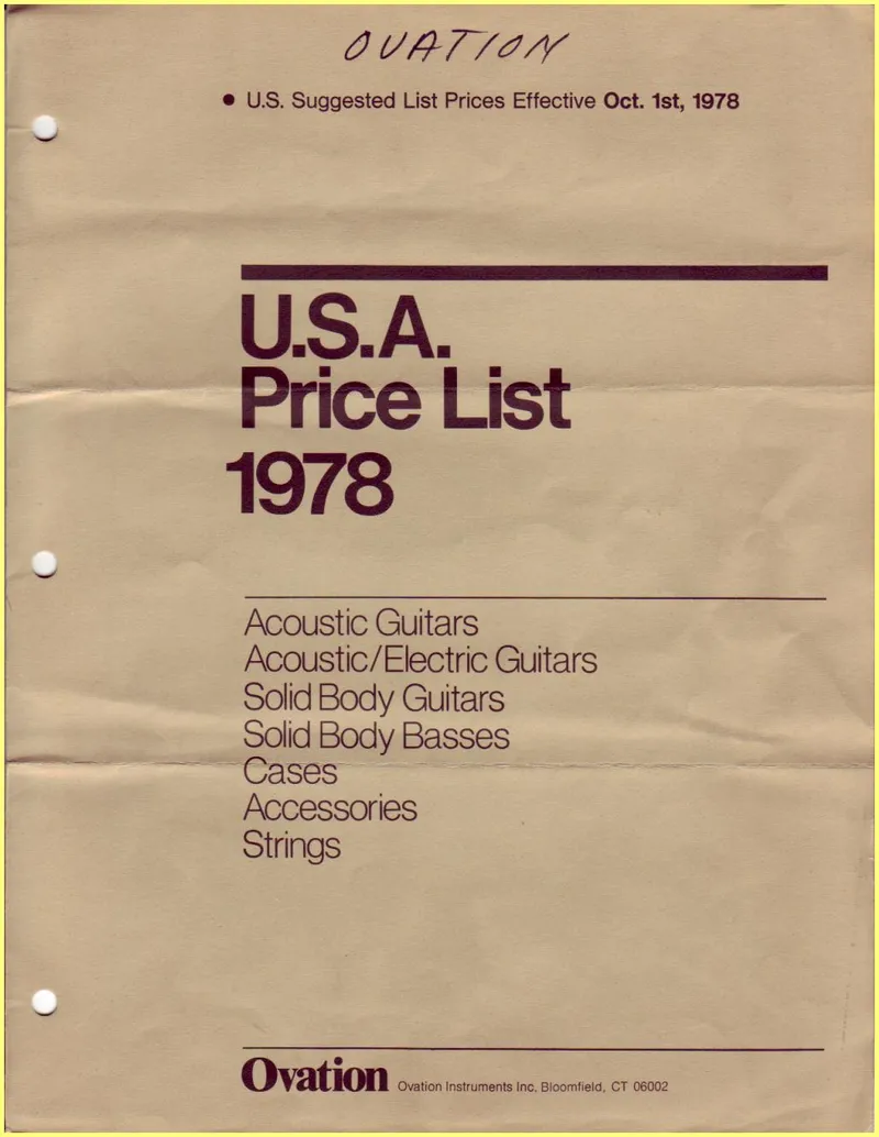 Ovation Instruments U.S.A. Price List 1978