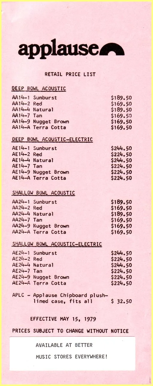 1979 Applause US Price List