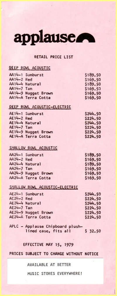 1979 Applause US Price List
