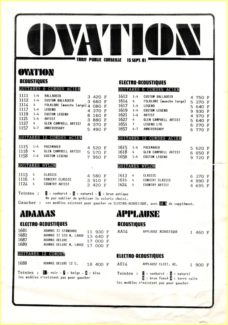 Ovation Guitars French Price List – September 1981