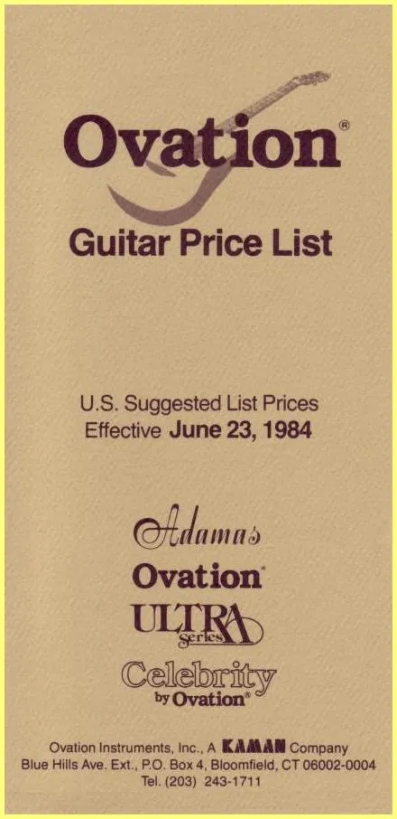 Ovation Guitar Price List — U.S. Suggested List Prices Effective June 23, 1984