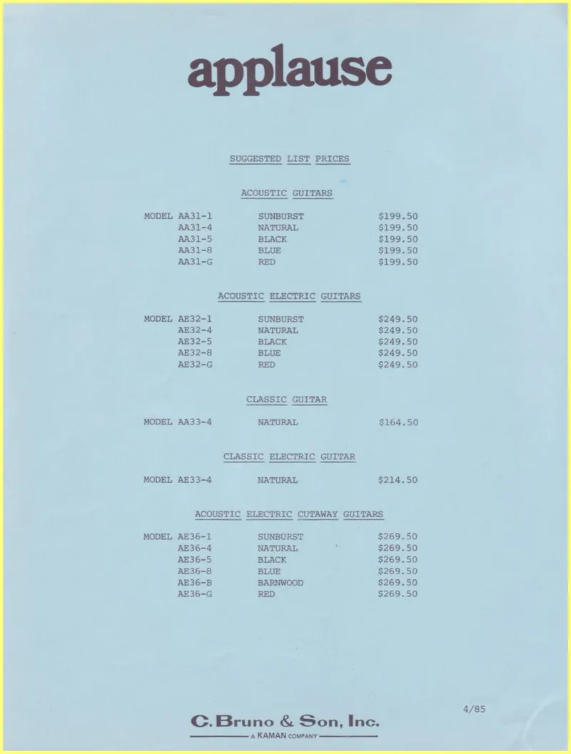1985 Applause US Price List