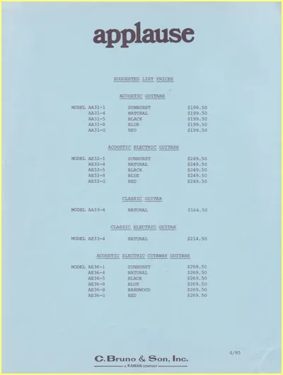 1985 Applause US Price List