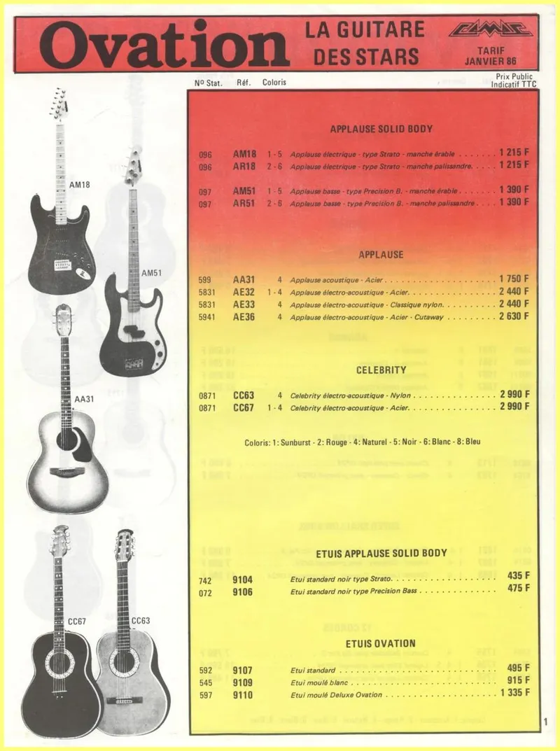 Ovation & Adamas Guitar French Price List - January/March 1986