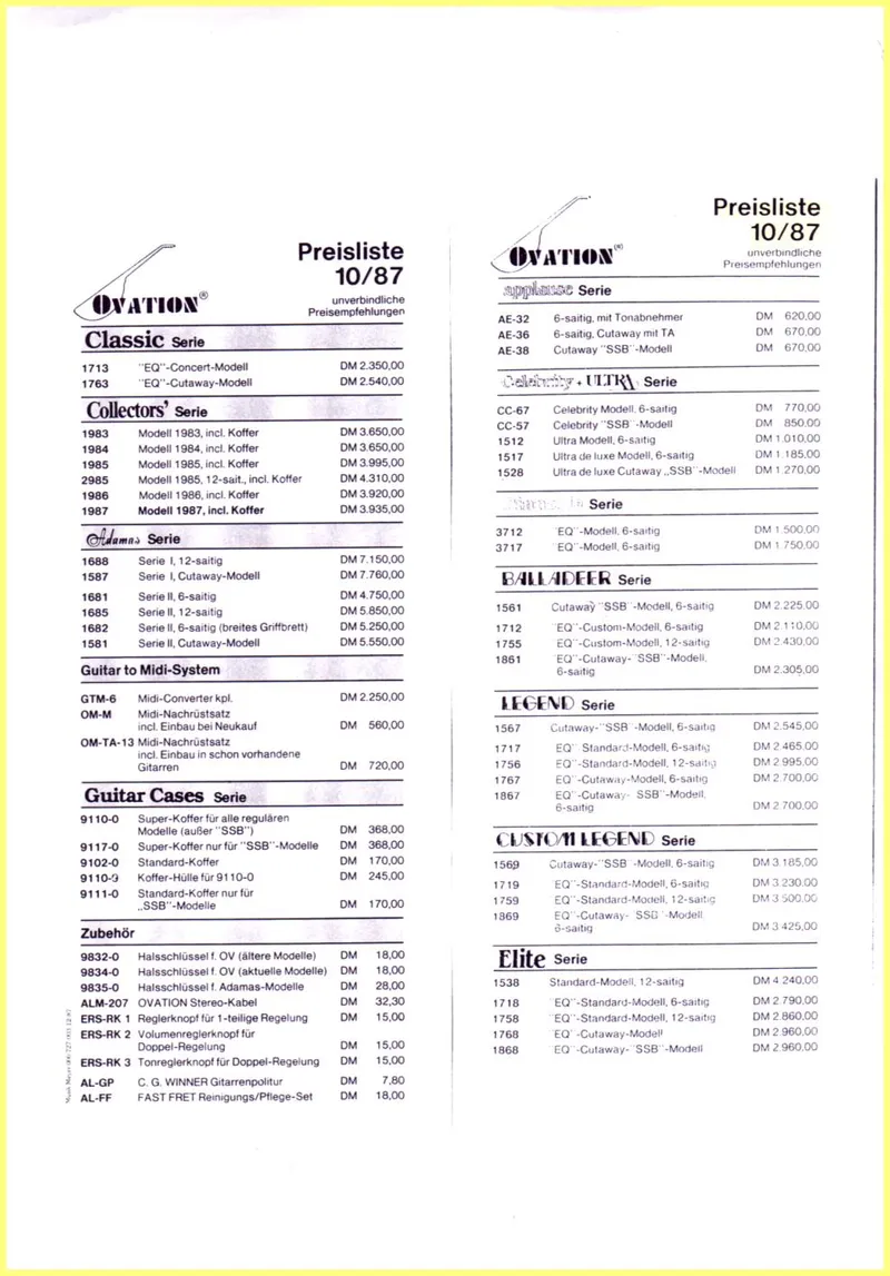 Ovation Guitars German Price List October 1987 (Preisliste 10/87)