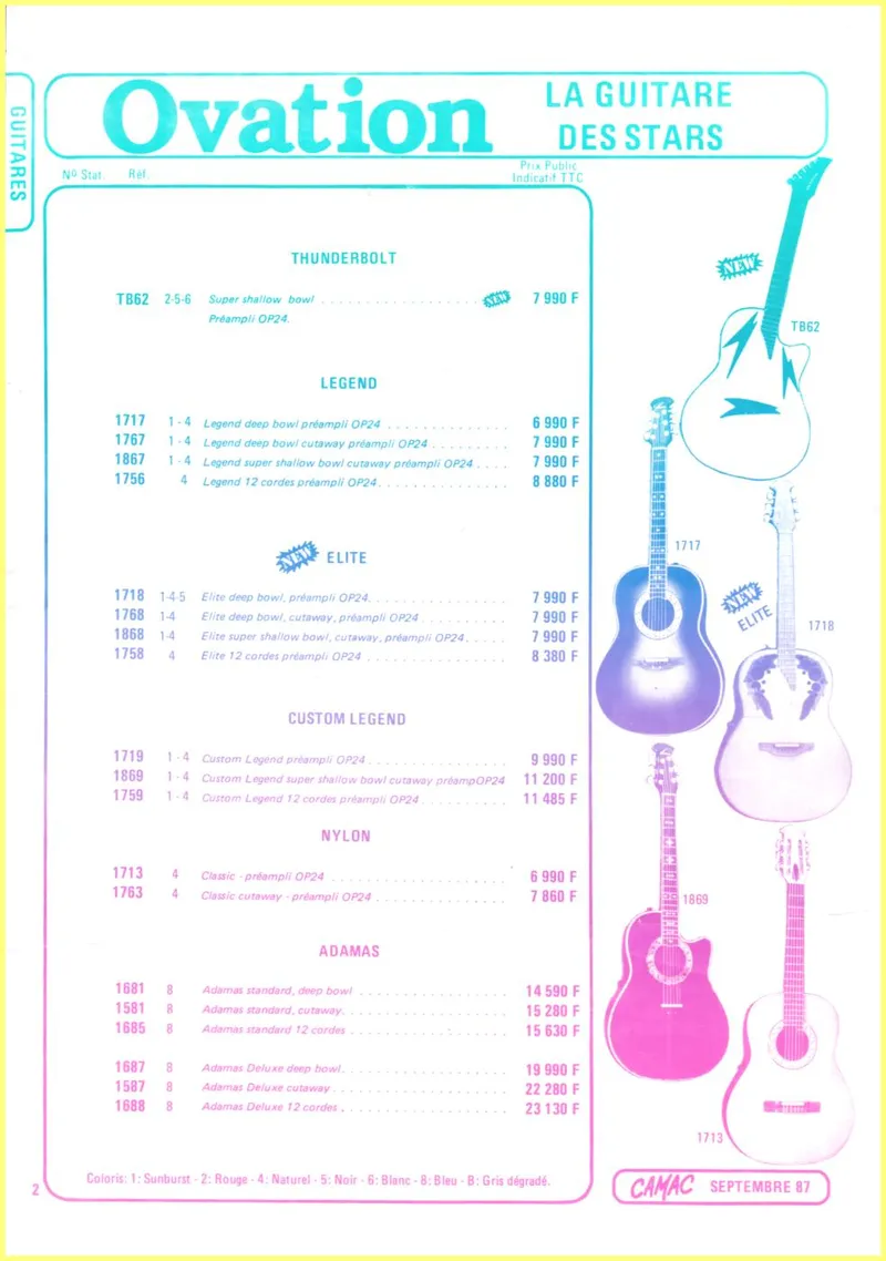 Ovation Guitar French Price Catalog - September 1987 (CAMAC Distribution)
