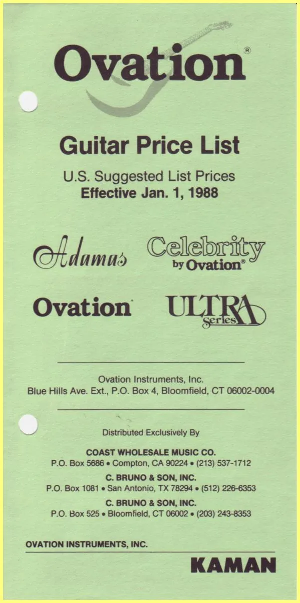 Ovation Guitar Price List - U.S. Suggested List Prices Effective January 1, 1988