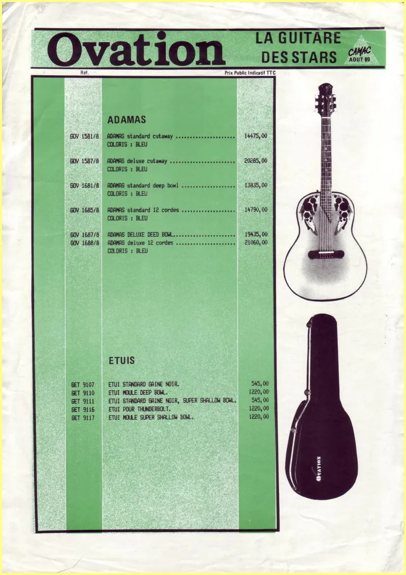 Ovation / Adamas - French Price List Catalog 1989 (CAMAC Distribution)
