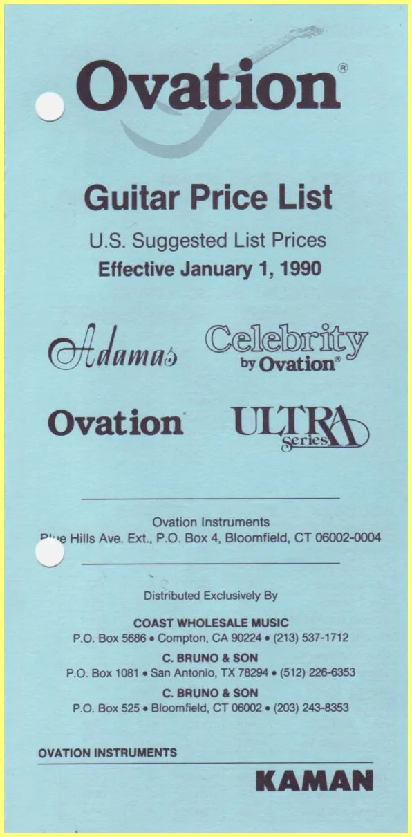 Ovation Guitar Price List - U.S. Suggested List Prices Effective January 1, 1990