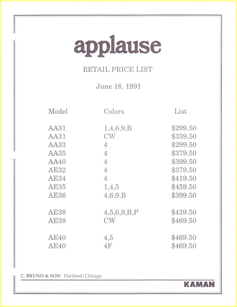 1991 Applause US Price List