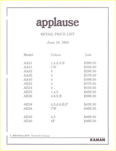 1991 Applause US Price List