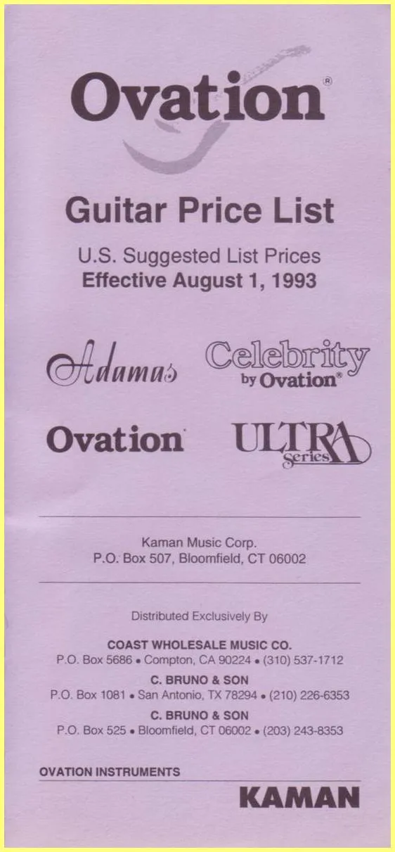 Ovation Guitar Price List - U.S. Suggested List Prices Effective August 1, 1993
