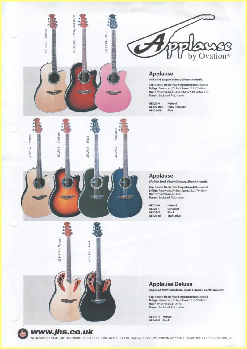 Applause by Ovation Electro Acoustic Guitar Product Sheet (JHS UK Distribution)