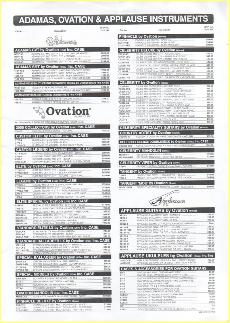 Adamas, Ovation & Applause Instruments - 2005 UK Price List