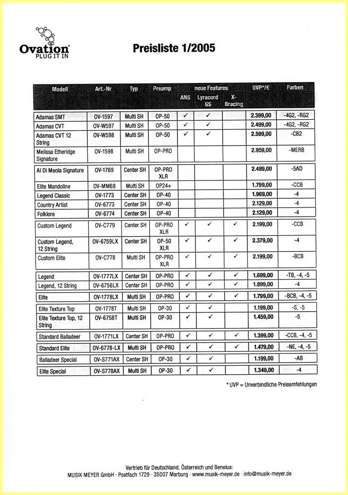 Ovation Guitars German Price List 1/2005 (Preisliste 1/2005)