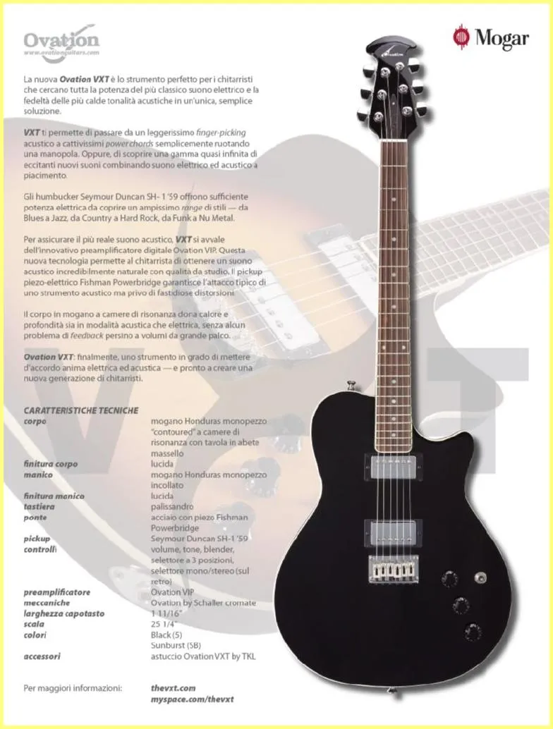 Ovation VXT Guitar - Italian Market Product Sheet (Mogar Distribution)
