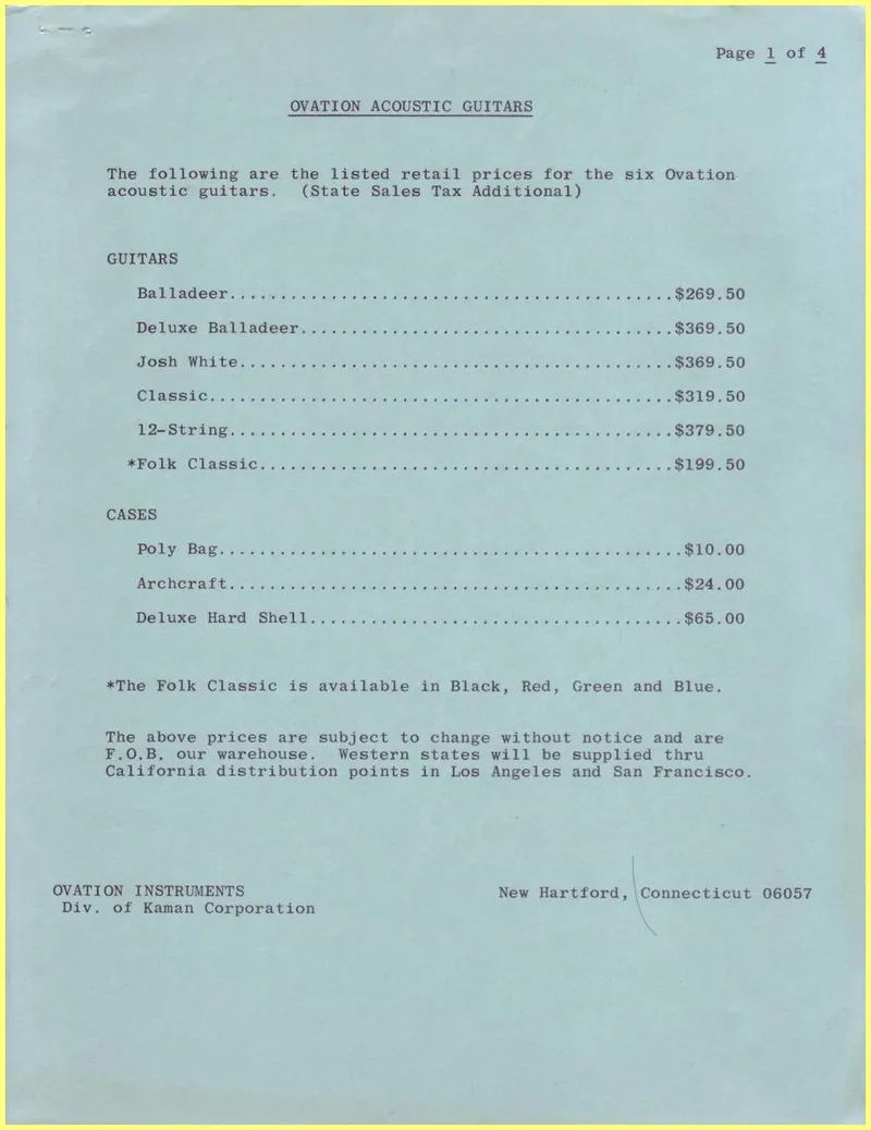 Ovation US Price List for Acoustic, Electric and Amps