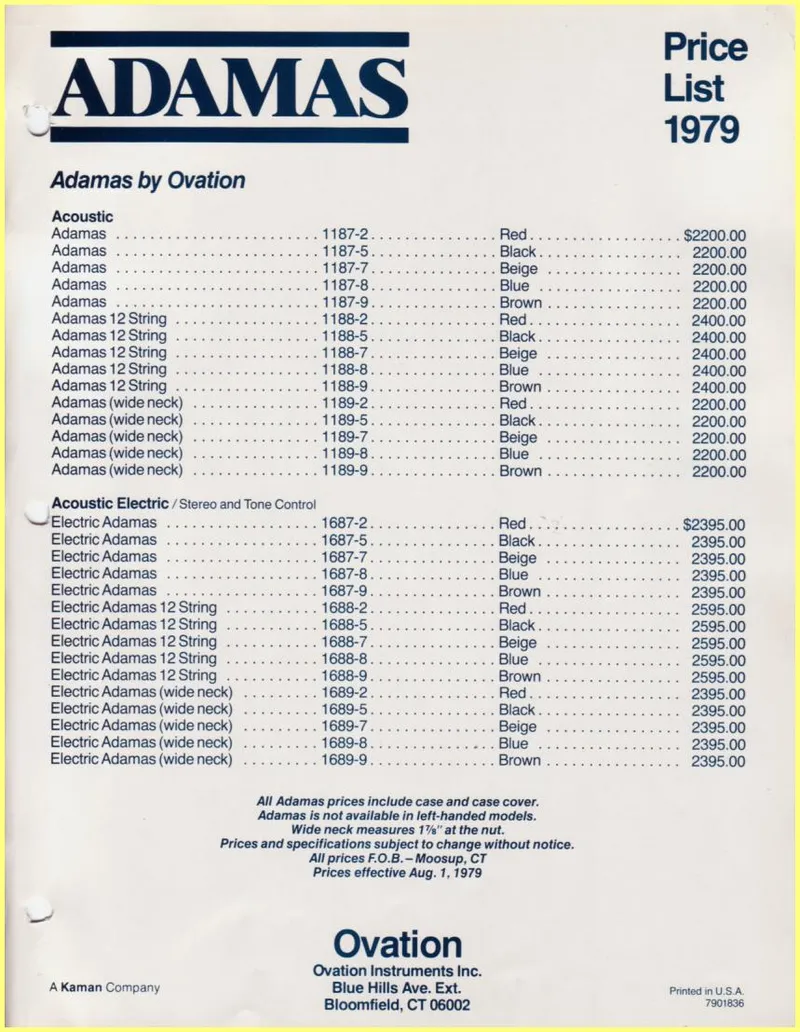 Adamas by Ovation 1979 Price List