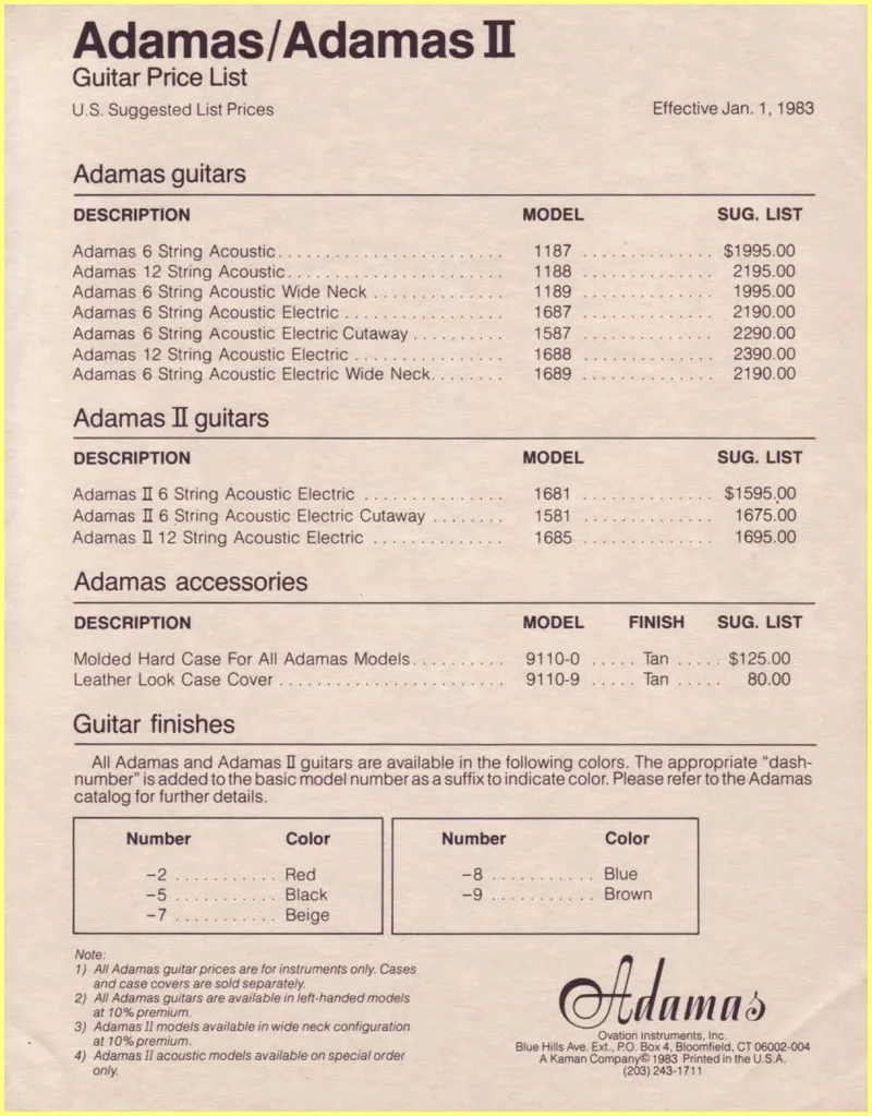 Adamas / Adamas II Guitar Price List 1983