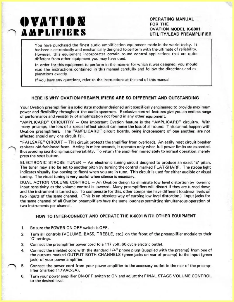 Ovation Model K-6001 Utility/Lead Preamplifier Owner's Manual