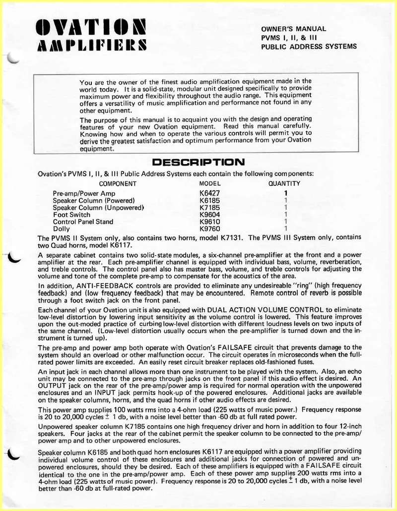 Ovation PVMS I, II, & III Public Address Systems Owner's Manual