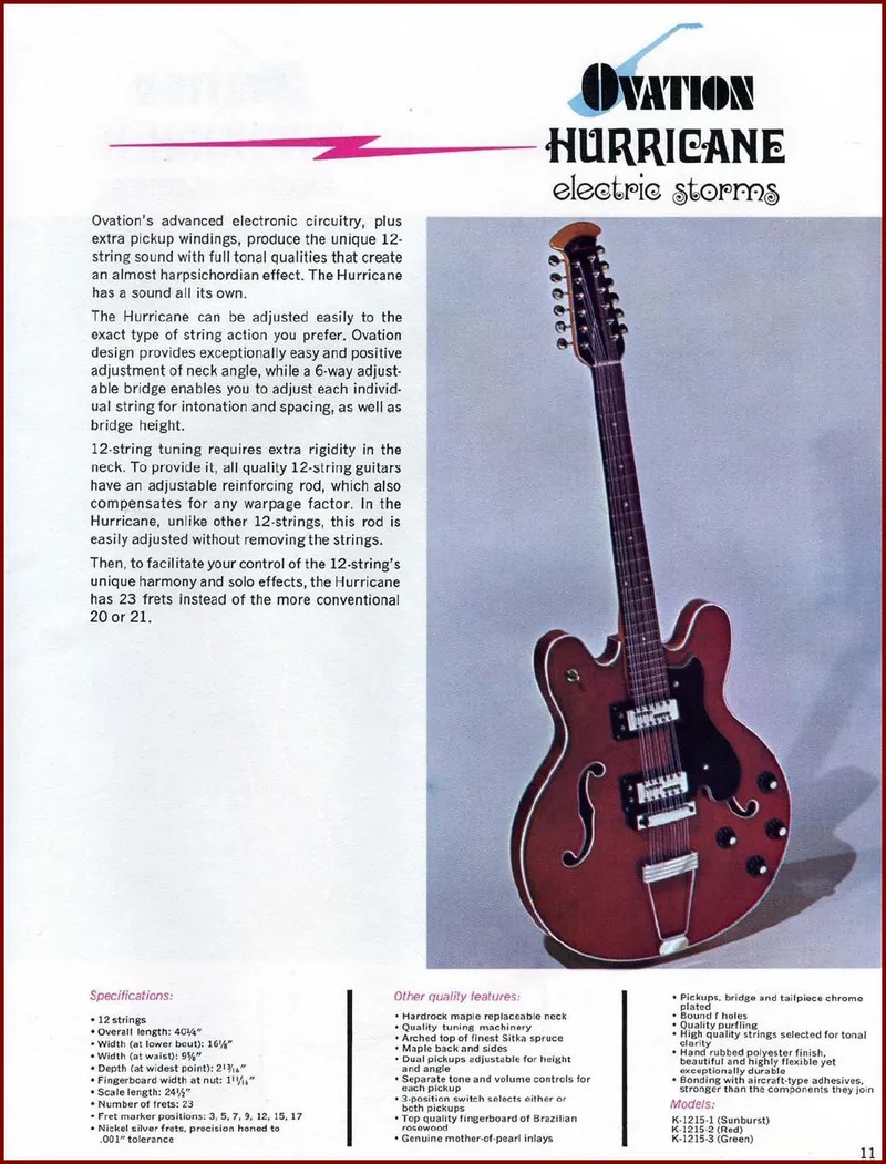 Ovation Hurricane Electric 12-String Guitar Catalog Page