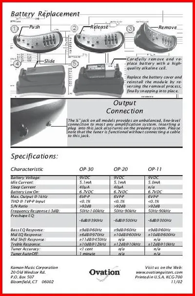 Ovation Acoustic-Electric Preamps OP-11, OP-20, OP-30 Owner's Guide ...