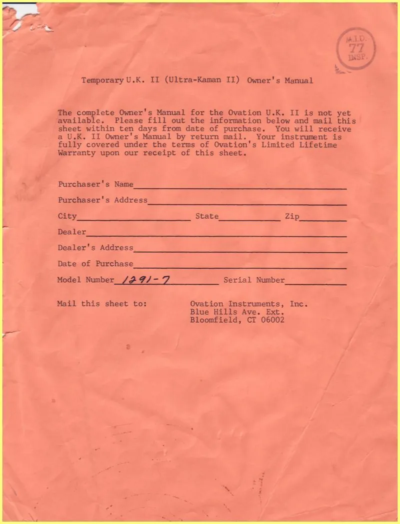 Temporary U.K. II (Ultra-Kaman II) Owner's Manual - Ovation Instruments