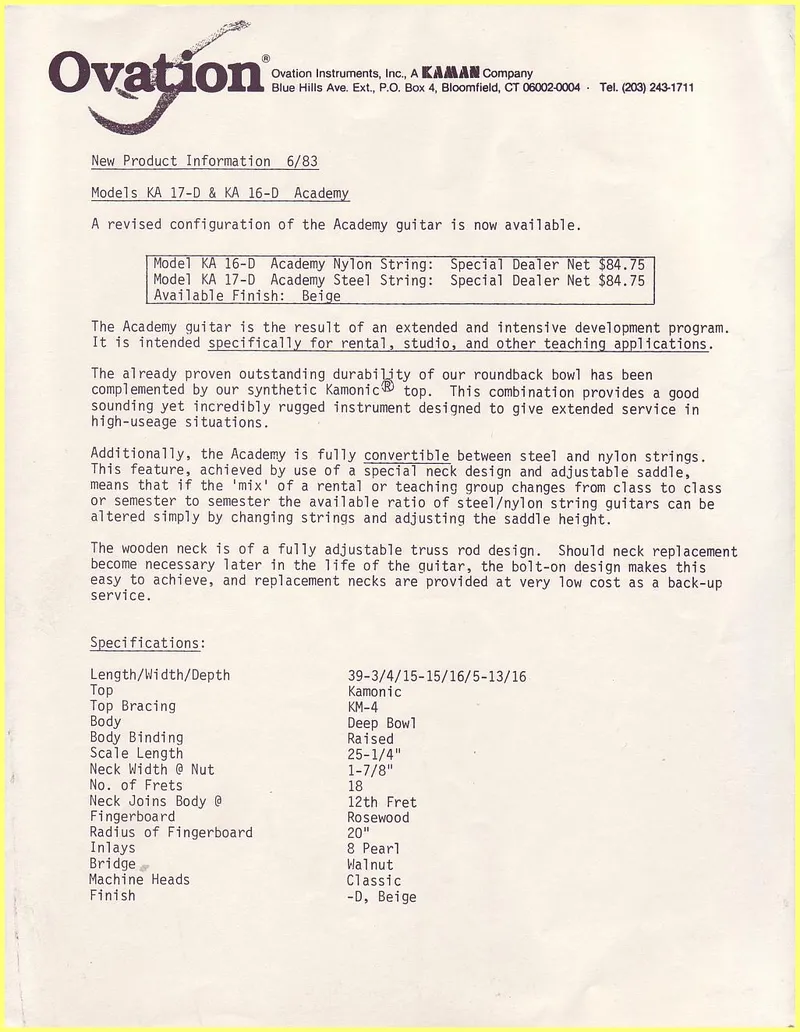 Ovation Academy Series New Product Information - Models KA 17-D & KA 16-D (June 1983)
