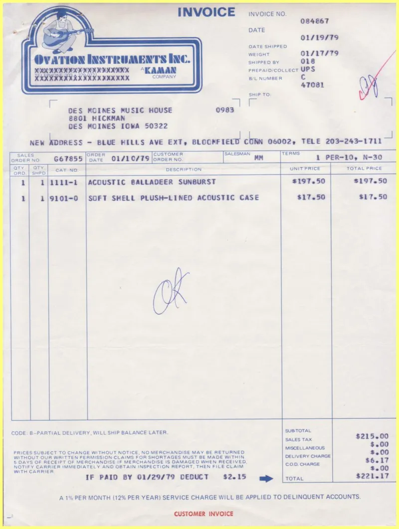 Ovation Instruments Inc. Invoice and Shipment Document #084867