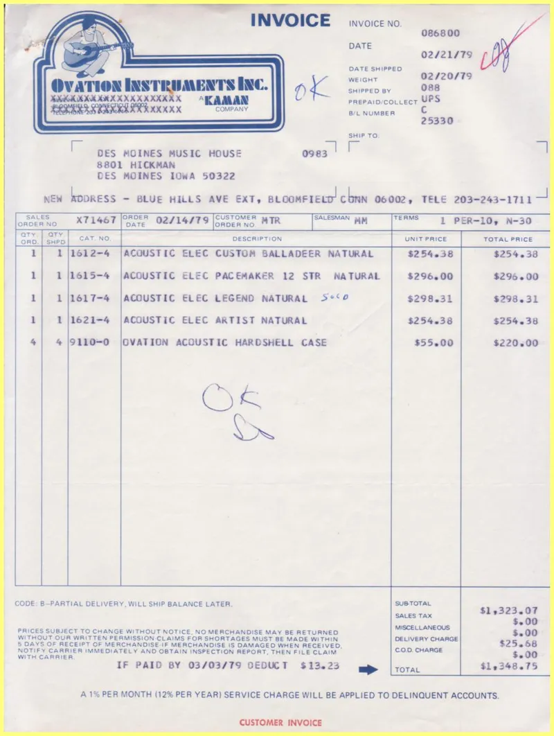 Ovation Instruments Inc. Invoice and Shipment Document – February 1979