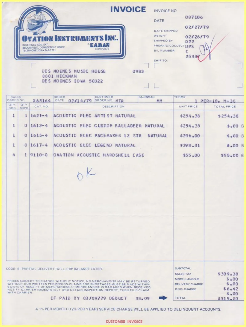 Ovation Instruments Inc. Invoice and Shipment Document Order X68164