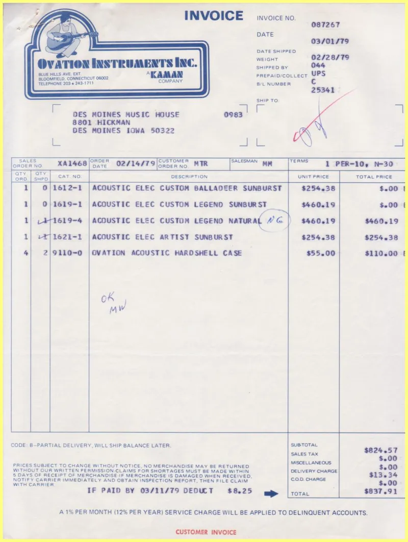 Ovation Instruments Inc. Invoice and Shipment Documents – Des Moines Music House Order XA1468