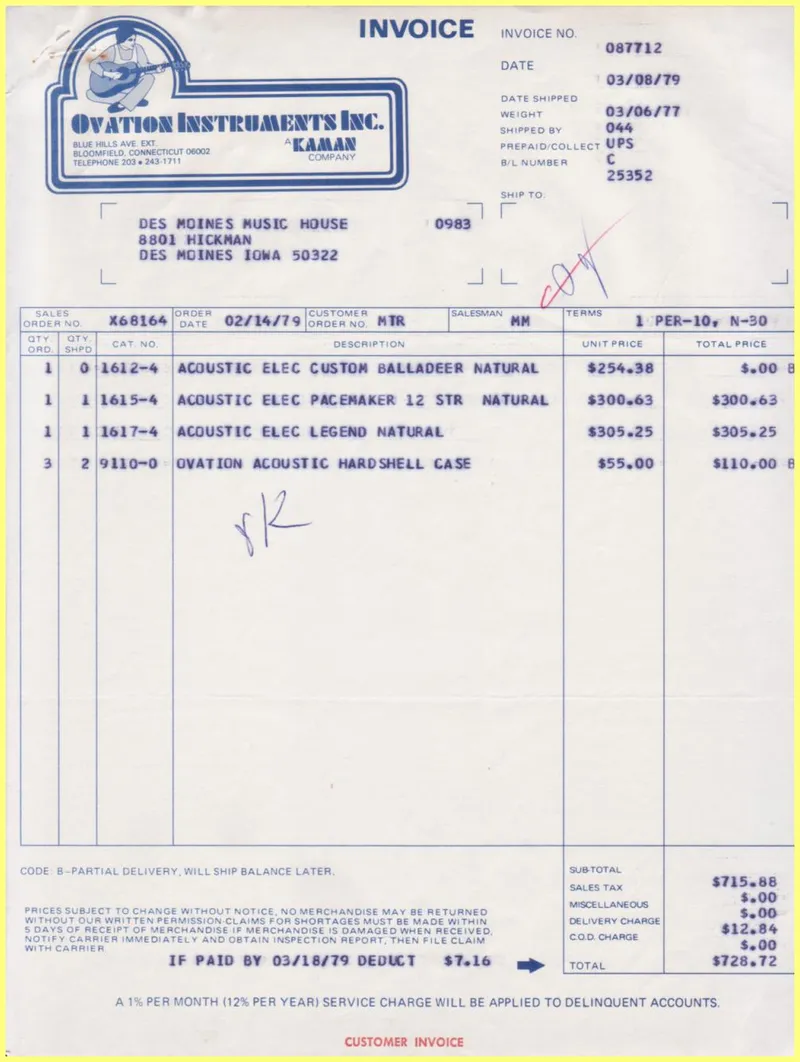 Ovation Instruments Inc. Invoice #087712 – Des Moines Music House