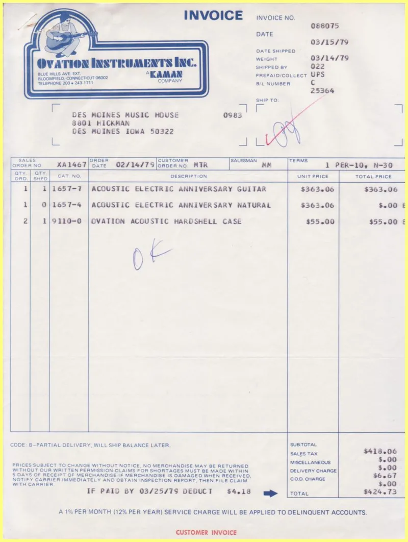Ovation Instruments Inc. Invoice and Shipment Document #088075 - Des Moines Music House