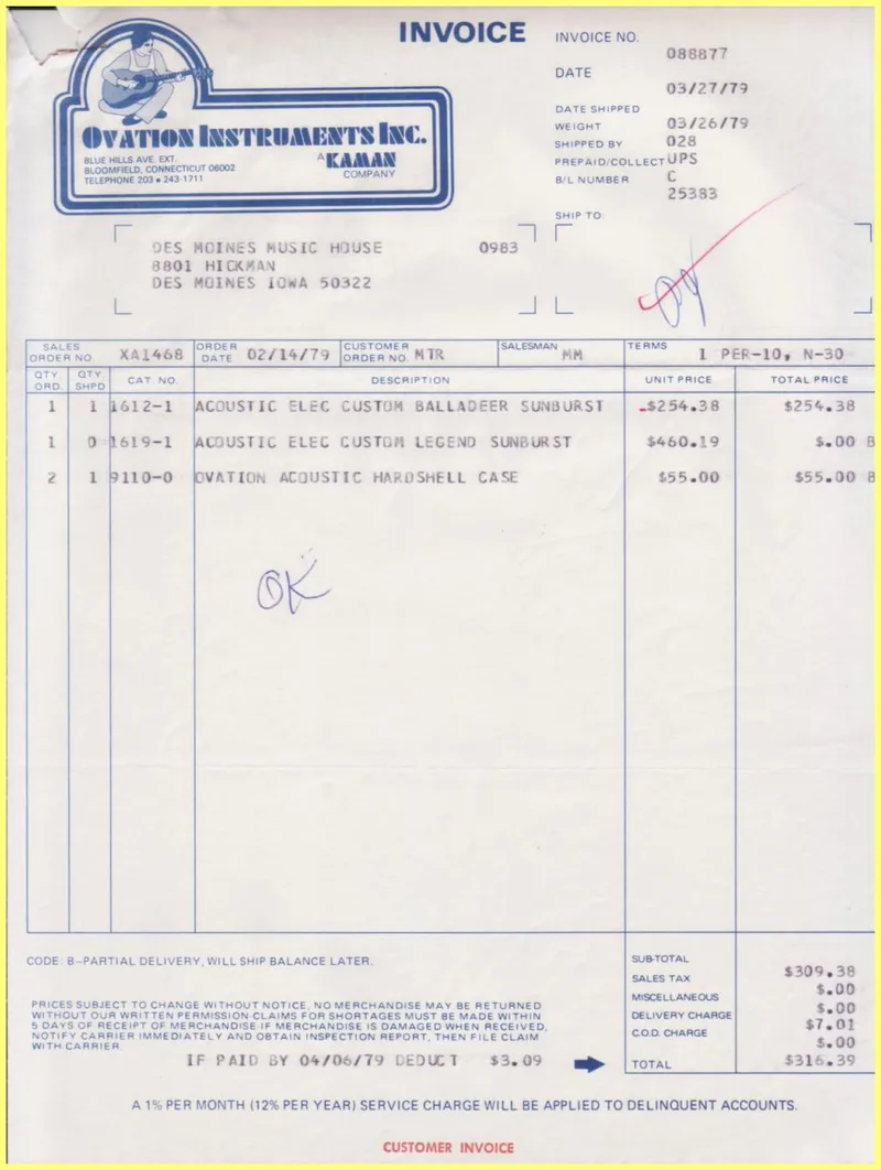 Ovation Instruments Inc. Invoice and Shipment Documents - Des Moines Music House Order XA1468