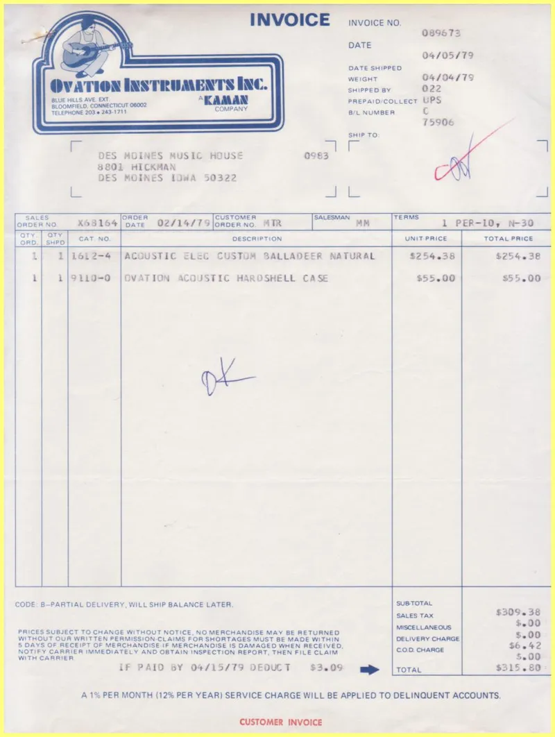 Ovation Instruments Inc. Invoice and Shipment Document #089673