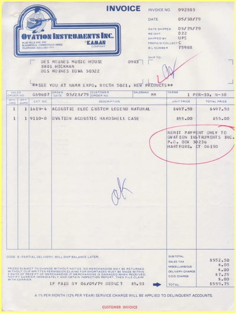 Ovation Instruments Inc. Invoice #092885 - Des Moines Music House