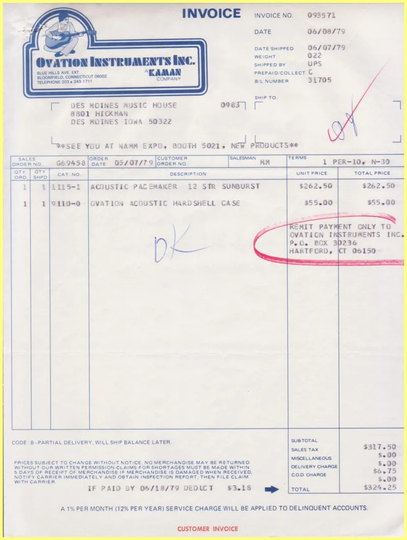 Ovation Instruments Inc. Invoice and Shipment Documents - Order G69458