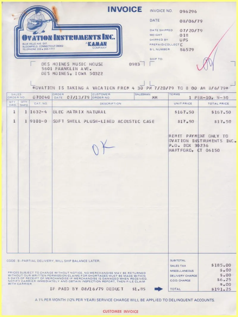 Ovation Instruments Inc. Invoice and Shipment Documents - Des Moines Music House Order G70040